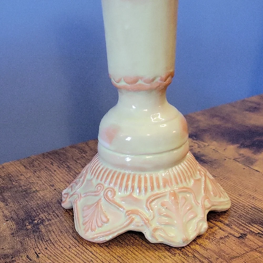 Ornate Candle Holder Accent Ceramic Pale Green Rose Pink